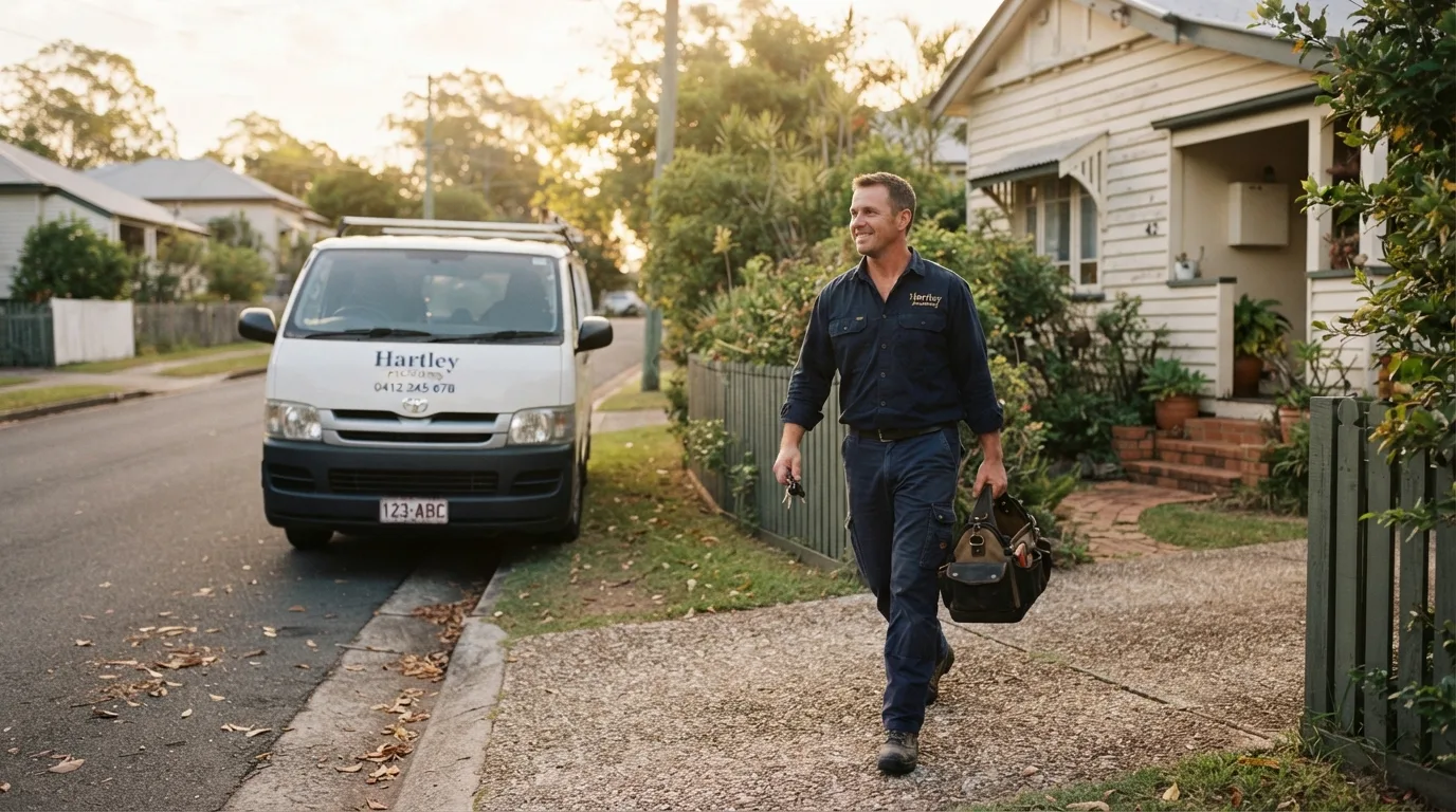 Tom Hartley arriving at a Northside home with tool bag and work van