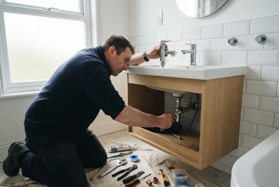 Plumber installing a bathroom vanity and taps