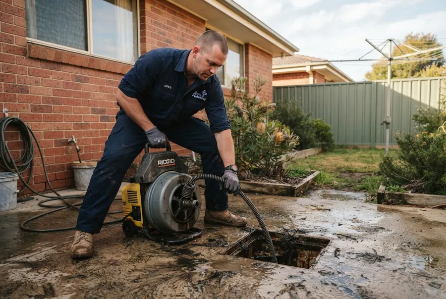 Plumber clearing a blocked outdoor drain