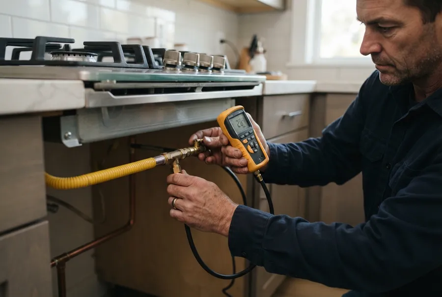 Licensed gas plumber testing a stove connection