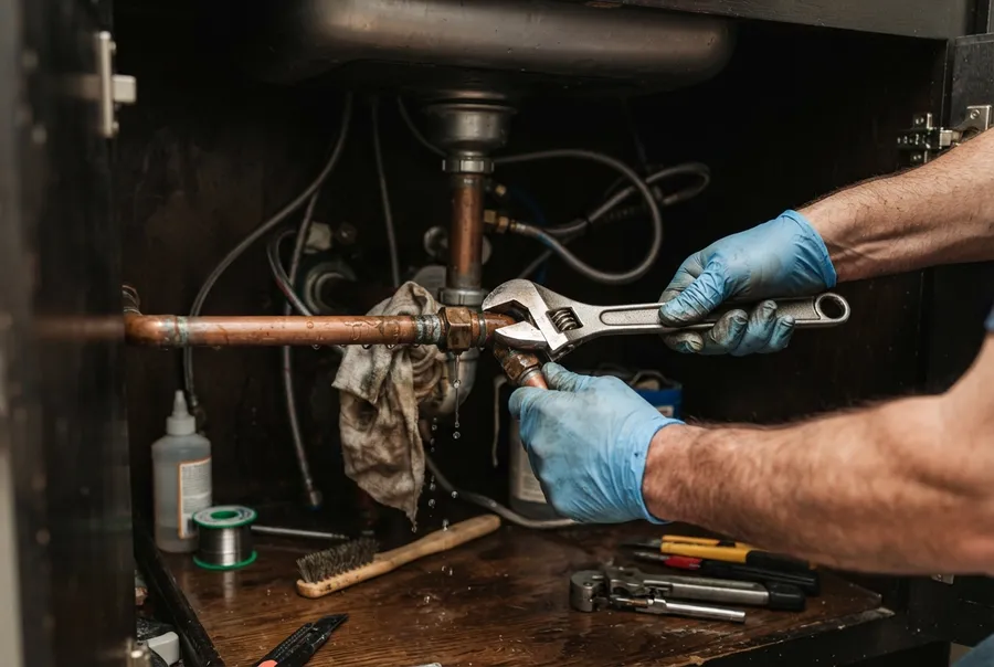 Hands repairing a leaking copper pipe under a sink