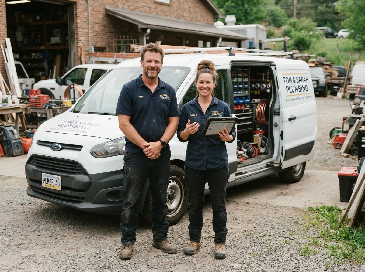 Tom and Sarah Hartley beside their work van